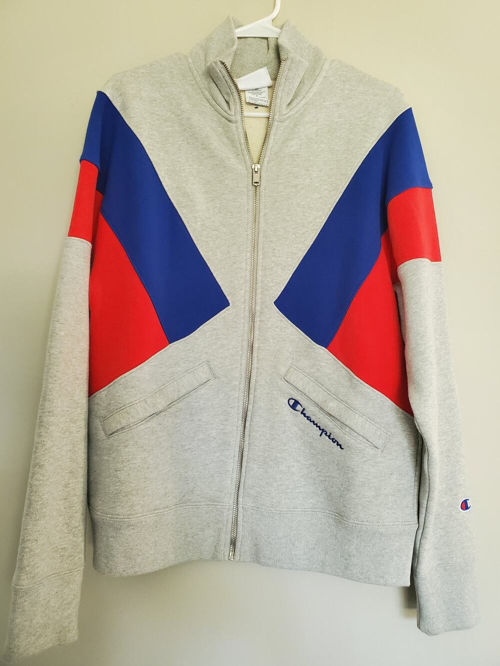 Vintage Style Champion Blue and Red Stripe Gray Zip Up